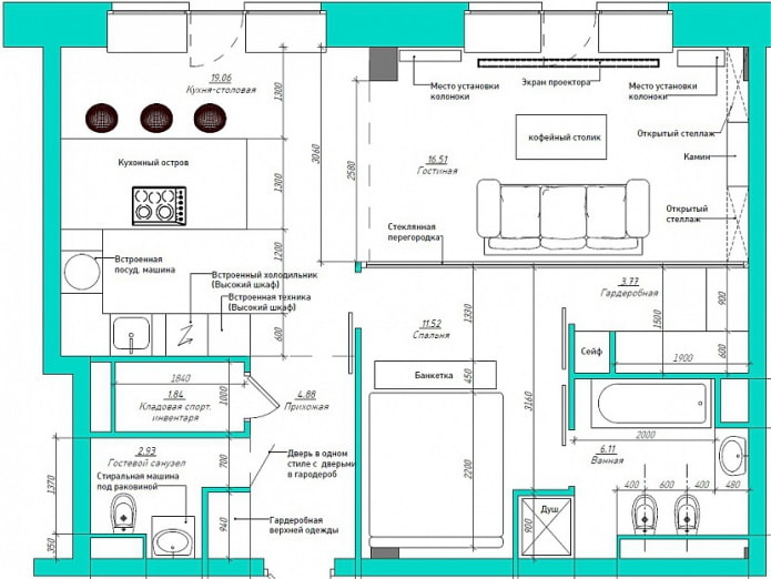 el diseño del apartamento es de 67 metros cuadrados. metro.