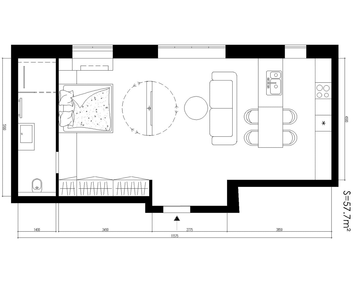 Layout ng studio 57 sq.