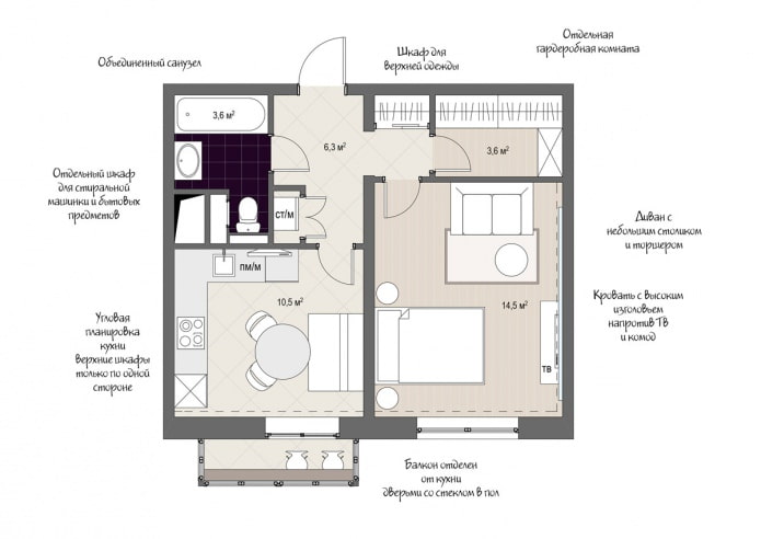 plano para sa pag-aayos ng mga kasangkapan sa bahay sa isang silid na apartment na 38 sq. m. sa bahay ng serye ng KOPE