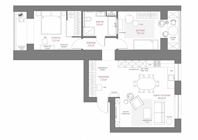 diseño de un apartamento de tres habitaciones de 80 metros cuadrados. m. con arreglo de muebles