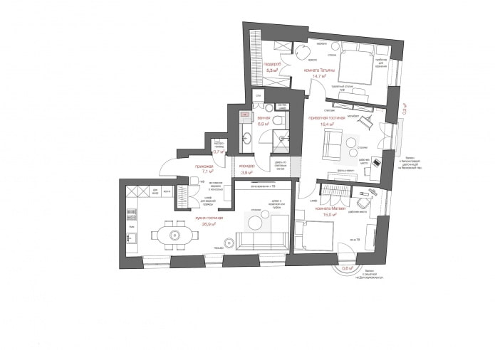 el diseño del apartamento es de 100 metros cuadrados. metro.