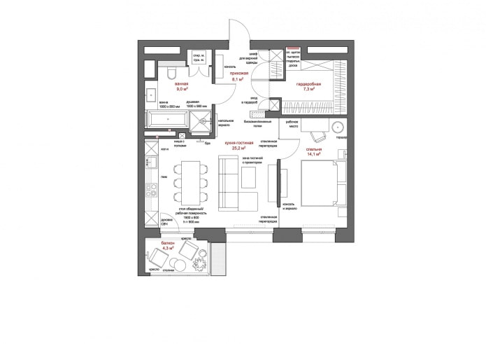 diseño de un apartamento de 2 habitaciones de 63,7 metros cuadrados. m. con arreglo de muebles