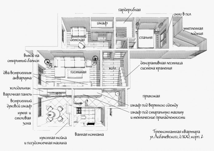 Disposición con disposición de muebles para un apartamento de 3 habitaciones en una casa de la serie P-3.