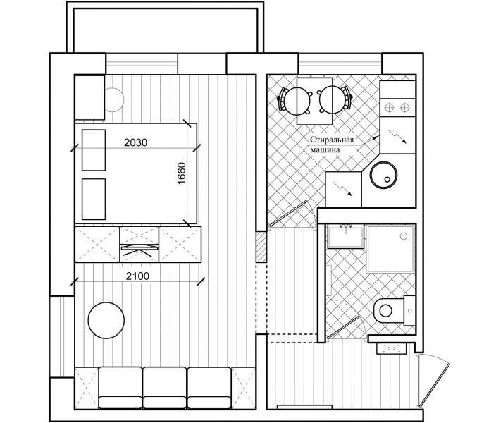 el diseño de un apartamento tipo estudio en esquina de 32 metros cuadrados. metro.