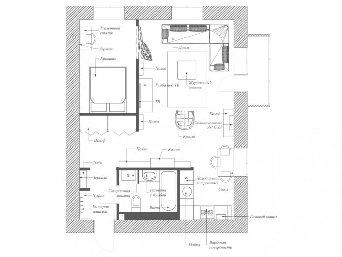 diseño de un apartamento tipo estudio de 56 metros cuadrados. metro.