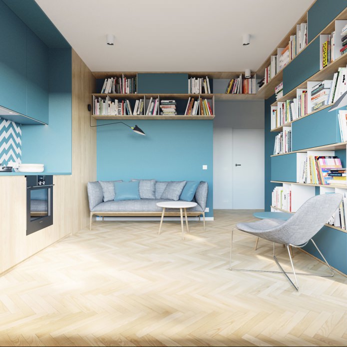 diseño de un apartamento tipo estudio de 40 m2. m. en colores blanco y turquesa