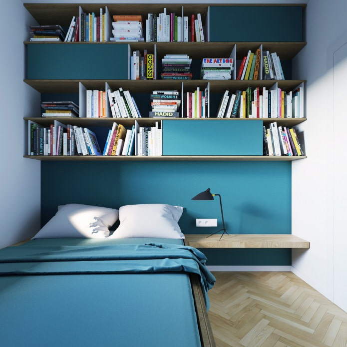 diseño de dormitorio en colores turquesa en un apartamento tipo estudio