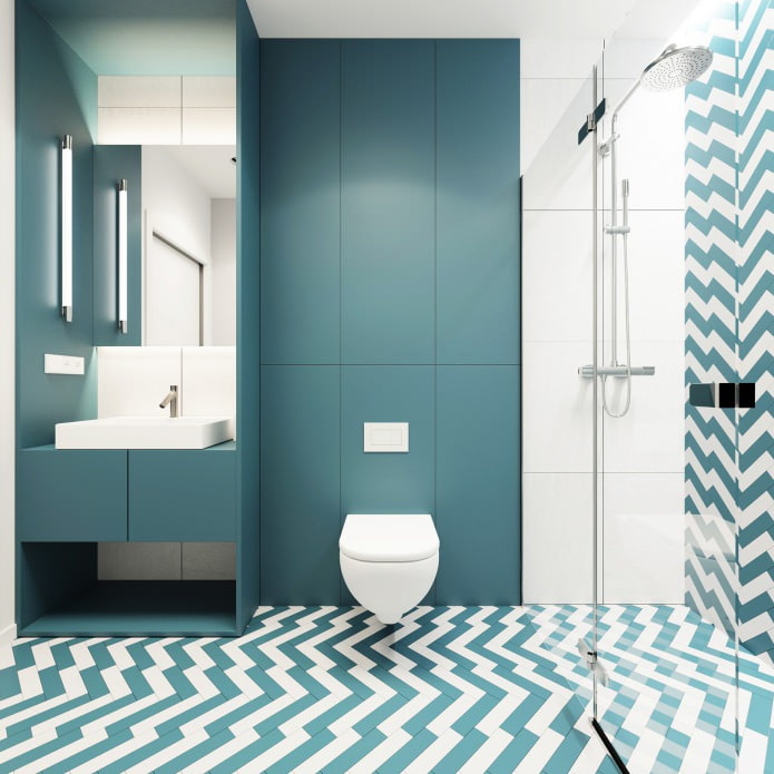 diseño de baño en colores blanco y turquesa