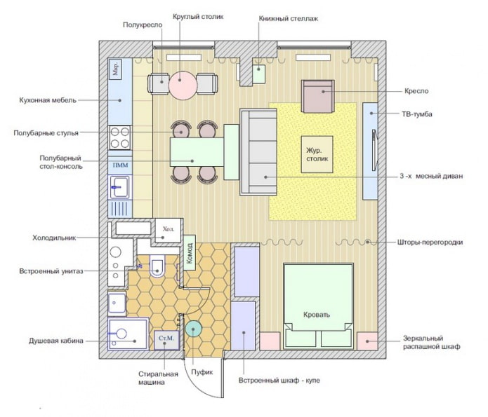 el diseño del apartamento es de 46 metros cuadrados. metro.