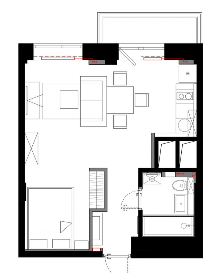 Layout ng isang studio apartment na 33 sq. m