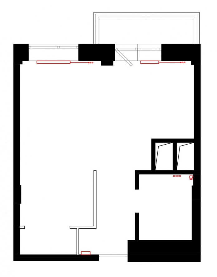 Layout ng isang studio apartment na 33 sq. m