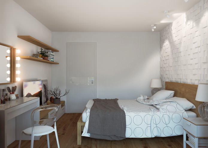 Dormitorio en el proyecto de un apartamento de 65 metros cuadrados. metro.