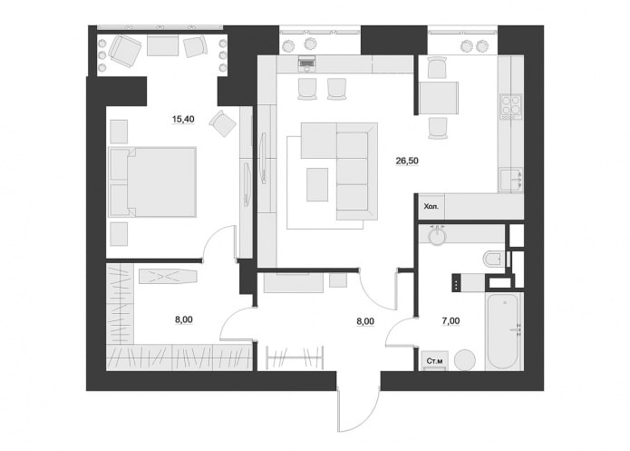 El diseño del apartamento es de 65 metros cuadrados. metro.