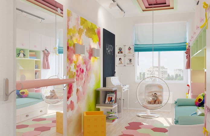 silla colgante en el interior de una habitación infantil pequeña