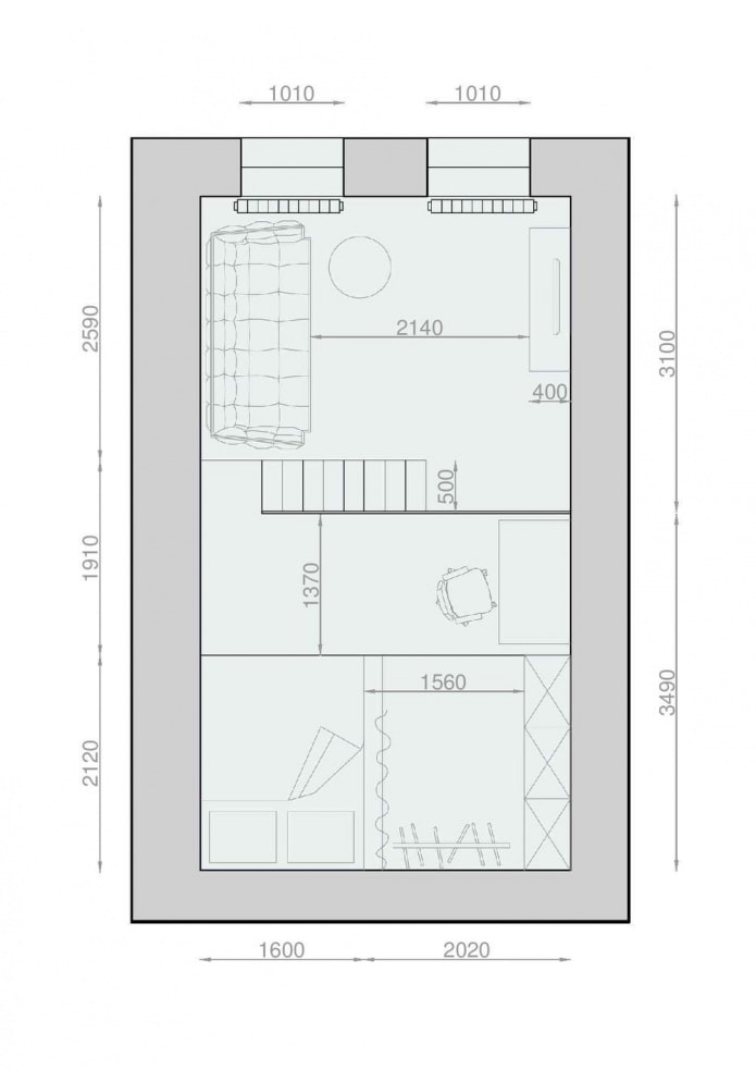 Layout ng isang dalawang antas na studio na may matataas na kisame