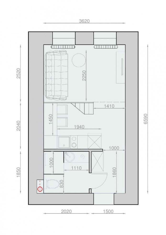 Layout ng isang dalawang antas na studio na may matataas na kisame