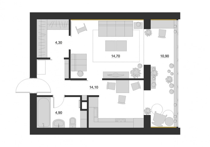 Diseño de un apartamento de una habitación con logia.