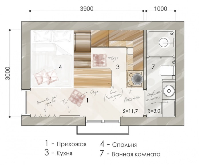 El diseño del apartamento es de 15 metros cuadrados. metro.