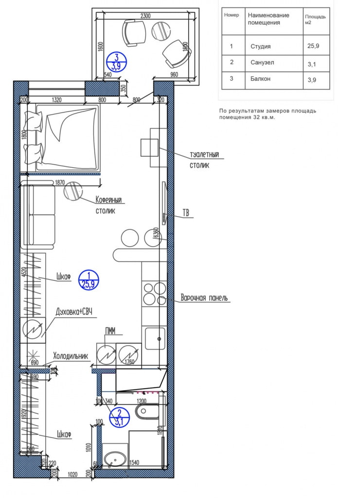 layout ng studio 29 sq. m. na may isang pandekorasyon na pagkahati