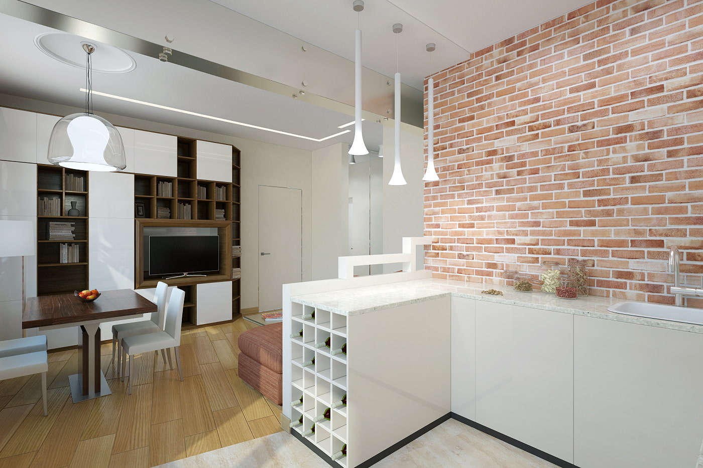 salón-cocina en un apartamento de dos habitaciones