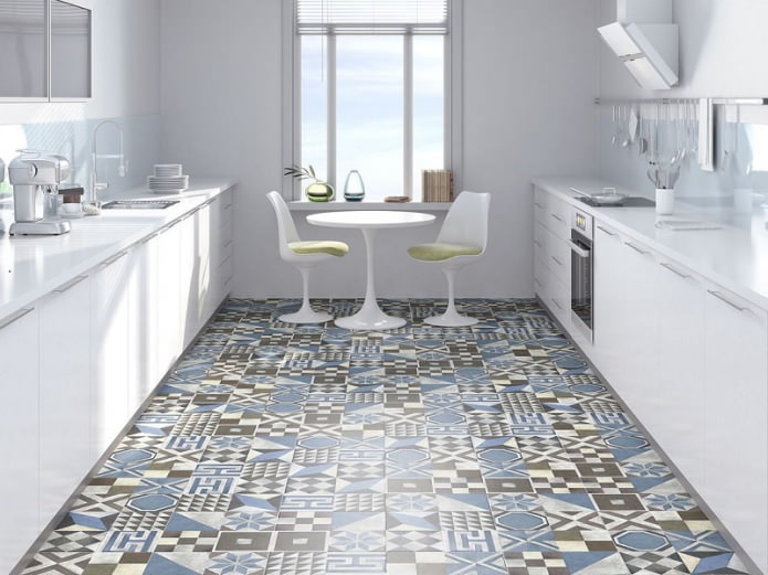 Ang mga tile ng patchwork sa kusina sa estilo ng minimalism