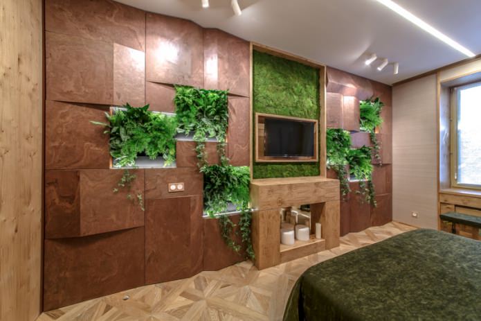 Estilo ecológico en el interior de un dormitorio moderno.