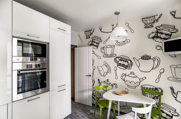 interior de la cocina en blanco y negro con la adición de verde