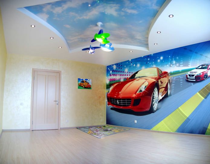 Techo tensado con impresión fotográfica en la habitación de los niños.