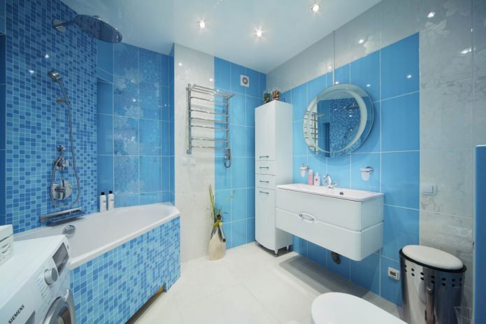 Interior de baño blanco y azul