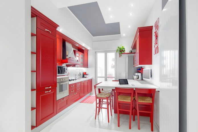 conjunto rojo con decoración blanca de paredes, pisos y techos