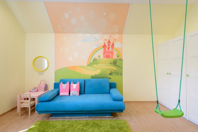 interior de la habitación infantil de la niña con papel tapiz fotográfico