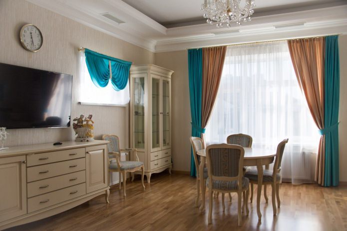 Combinación de cortinas marrón-turquesa