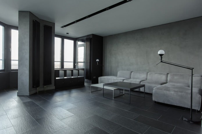 gres porcelánico gris oscuro en el salón