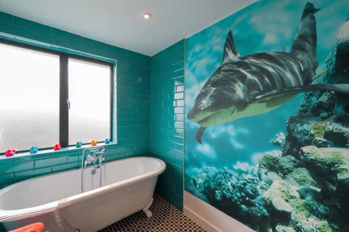 mural de pared de baño con estampado de tiburón