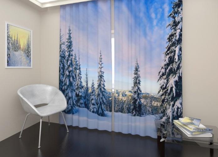 largas cortinas 3D con la imagen del bosque