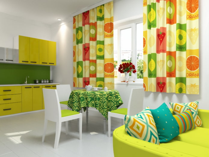 cortinas con dibujos de frutas en la cocina