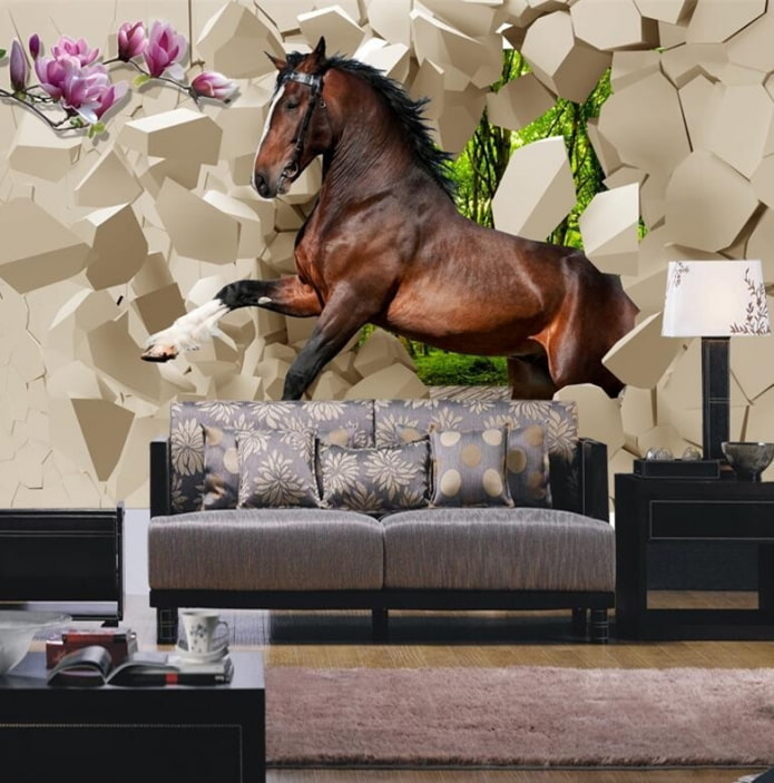 Papel pintado 3d con un caballo en el interior del salón