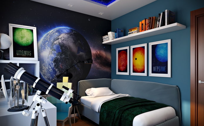 Papel tapiz 3d que representa el espacio en la habitación de un adolescente