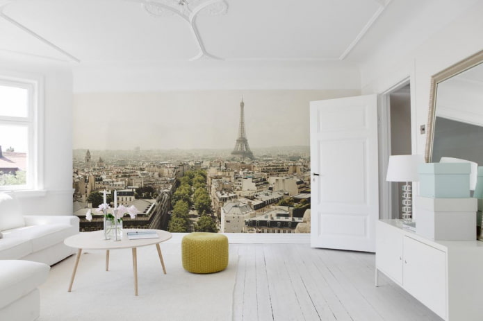 papel tapiz fotográfico con la imagen de París en el interior de la sala de estar