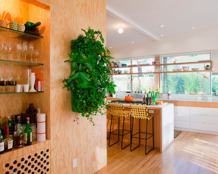 Plantas en la pared del interior de la cocina.