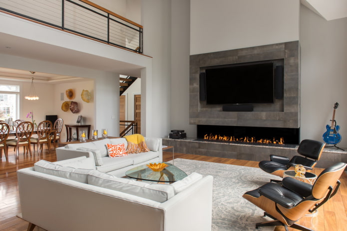 chimenea y TV en el interior de la sala de estar en un estilo moderno