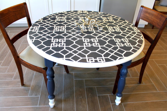 Mesa con azulejos en el interior de la cocina.