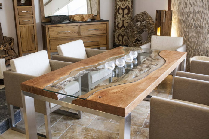 mesa de vidrio y madera