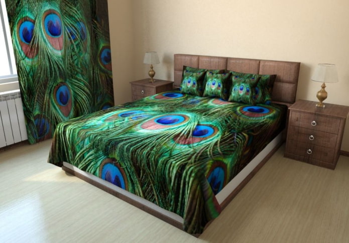 kama na may bedspread na may isang print ng larawan sa kwarto