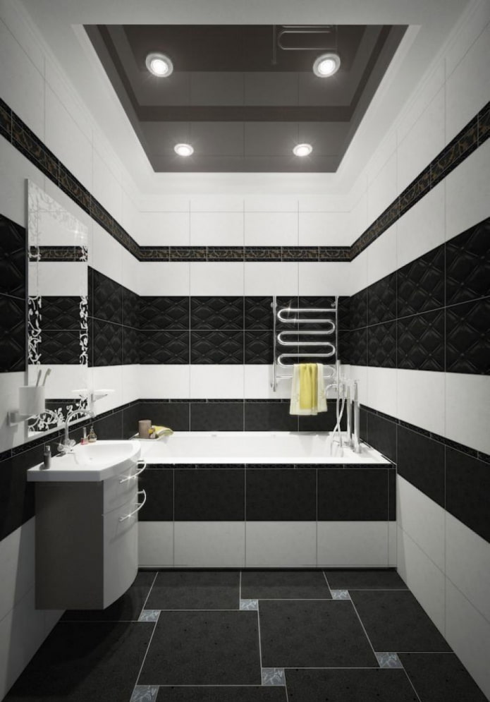 azulejos en blanco y negro en el baño