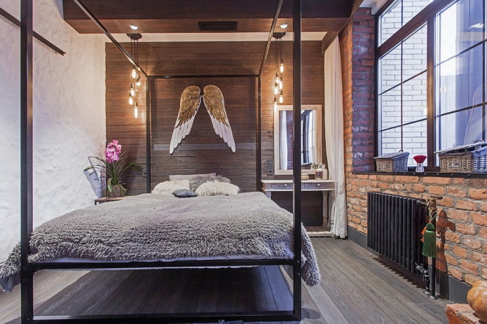 cama en interior estilo loft