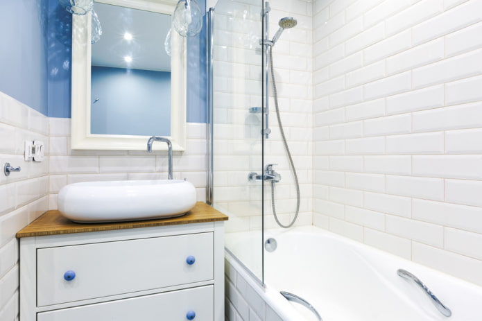 Interior del baño en colores blanco y azul.