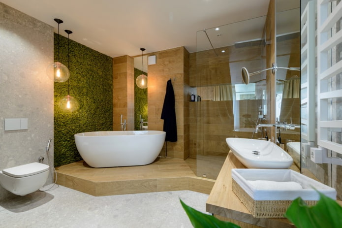 Azulejos efecto madera en el baño en estilo ecológico.