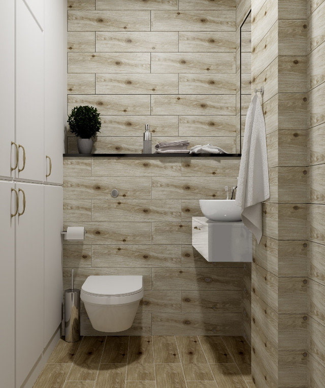 Diseño de azulejos con efecto de madera en el interior del baño.