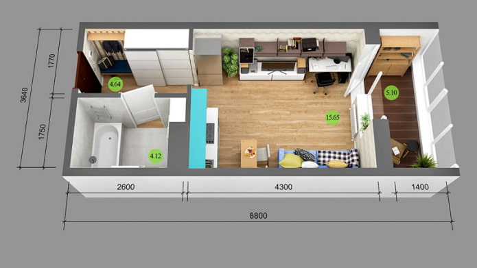 Layout ng isang studio apartment na 25 sq. m